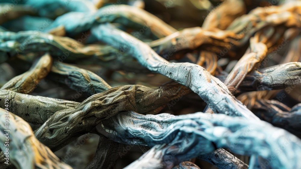 Poster a network of intertwining roots in different shades, symbolizing the strength and interconnectedness