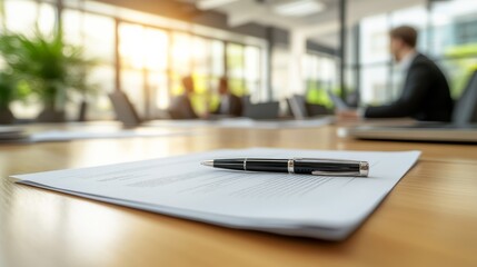 Obraz premium Printed Documents and Pen on Desk in Meeting Room