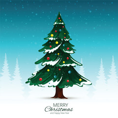 Merry christmas green tree card on white background