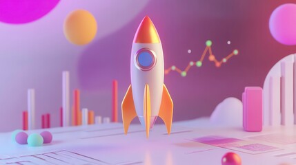 A cartoon rocket ship taking off in front of a colorful background with charts, graphs, and abstract shapes, representing growth, progress, and success.