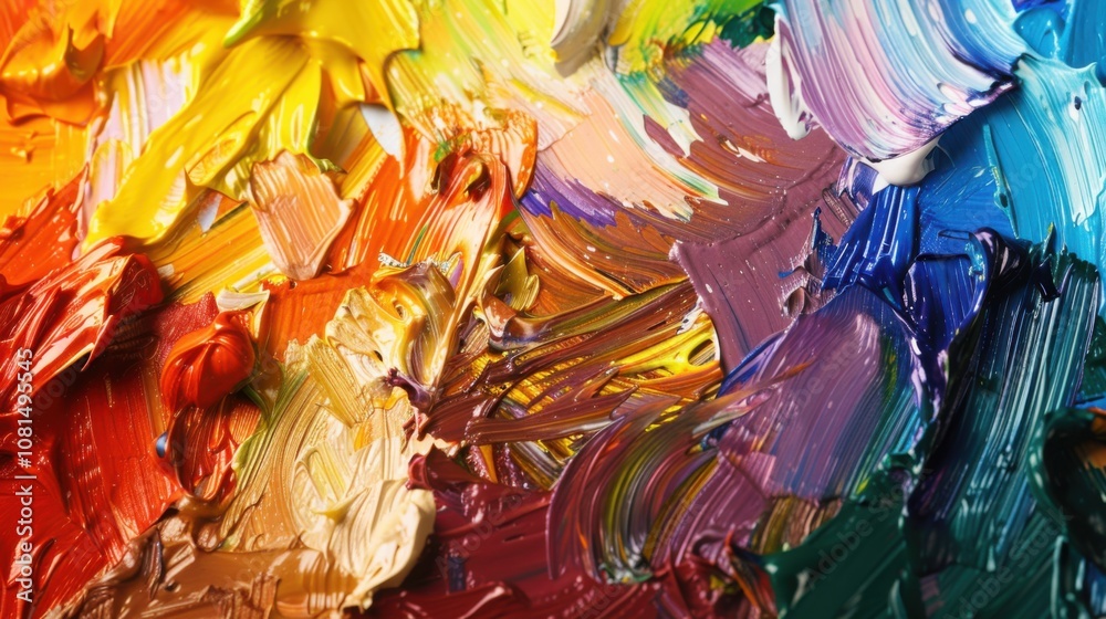 Poster a palette of paint strokes in diverse colors blending into a harmonious composition, illustrating th