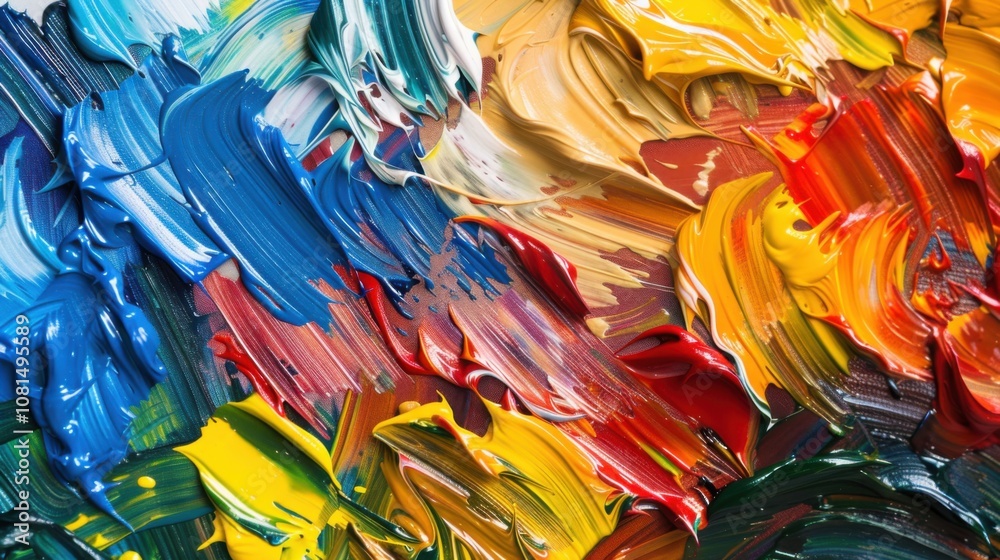 Poster a palette of paint strokes in diverse colors blending into a harmonious composition, illustrating th