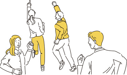 元気よく笑顔で走るビジネスマンとビジネスウーマンの全身と後ろ姿のシンプルなイラスト素材