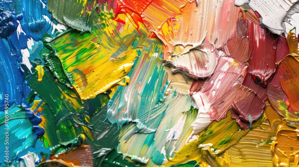 Poster a palette of paint strokes in various colors merging into a harmonious blend, representing the beaut
