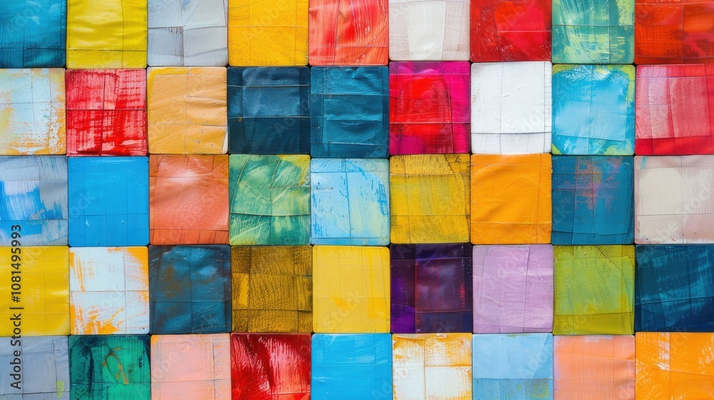 Poster A patchwork of colorful squares in a grid pattern, metaphorically representing the diverse yet interconnected elements of an inclusive community, minimalist style