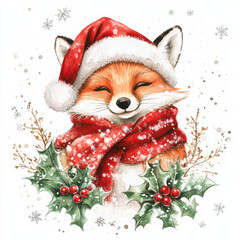 Cute fox wearing Santa hat and red scarf, surrounded by holly and snowflakes, evoking joyful holiday spirit