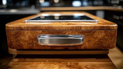 Close-up of a modern kitchen countertop with a built-in induction cooktop and a wooden drawer with a silver handle.