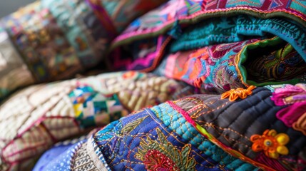A patchwork quilt of different fabrics from around the world, Reflecting the beauty and cultural significance of textile diversity, photography style