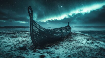 A Mysterious Viking Ship on a Frozen Shore Under an Enchanting Night Sky Illuminated by the Northern Lights in a Stunning Winter Landscape