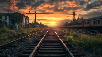 Fototapeta premium Train tracks disappearing into the distance with a dramatic sunset