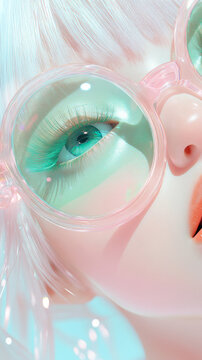 3D animel girl kawaii doll with round glasses silver white hair on pink and teal pastel colored cartoon fashion background. pop art glossy adorable makeup futuristic solarpunk cute wallpaper