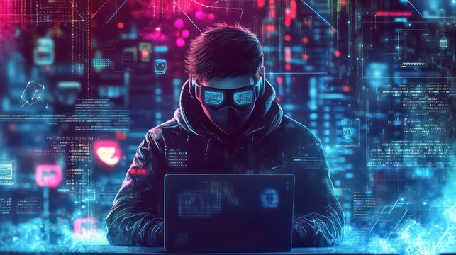 A hacker in a dark room, wearing a mask and goggles, is typing on a laptop with a glowing screen in front of a background of digital code and social media icons.