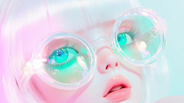 3D animel girl kawaii doll with round glasses silver white hair on pink and teal pastel colored cartoon fashion background. pop art glossy adorable makeup futuristic solarpunk cute wallpaper