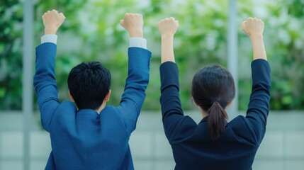 Partners Celebrating Job Success Together Symbolizing Stable Relationship and Career Achievements  The image depicts two people presumably coworkers or business partners