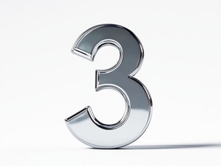 Fototapeta premium A shiny, metallic number three displayed on a light background.