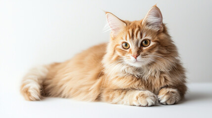 Obraz premium A cute cat on simple background looks at camera white background with copy space. pet fashion portrait minimalism adorable wallpaper 