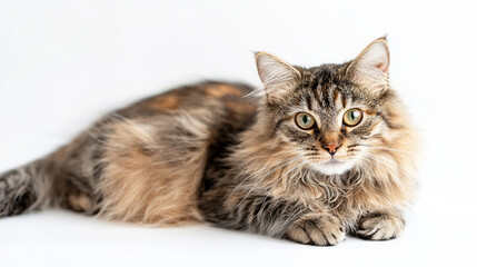 Obraz premium A cute cat on simple background looks at camera white background with copy space. pet fashion portrait minimalism adorable wallpaper 