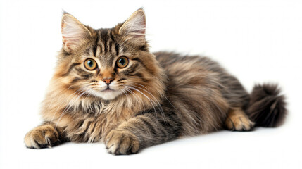 Obraz premium A cute cat on simple background looks at camera white background with copy space. pet fashion portrait minimalism adorable wallpaper 