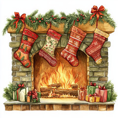 Fototapeta premium Cozy fireplace adorned with festive stockings and Christmas gifts, creating warm holiday atmosphere