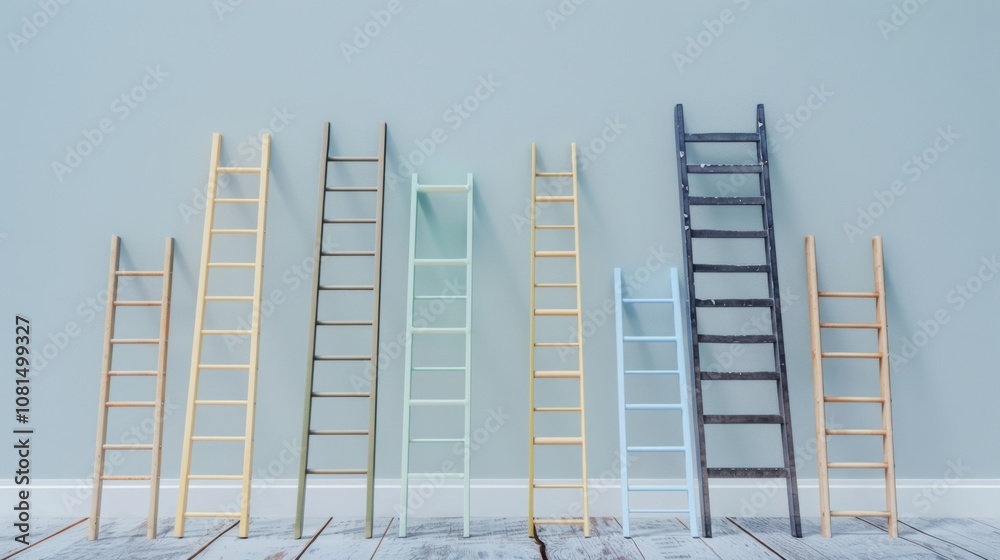 Poster a poignant visual of equal opportunity, featuring a series of ladders of different heights leading t