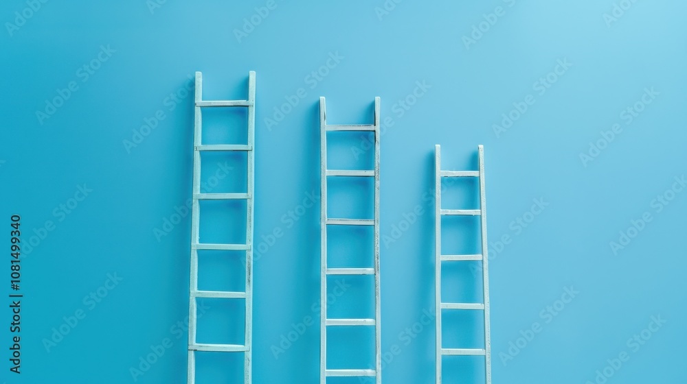 Poster a poignant visual of equal opportunity, featuring a series of ladders of different heights leading t