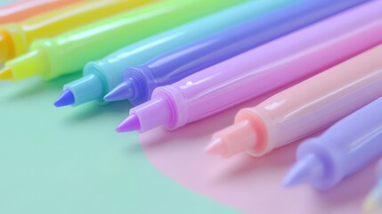 A close up of colorful markers on a pastel background.