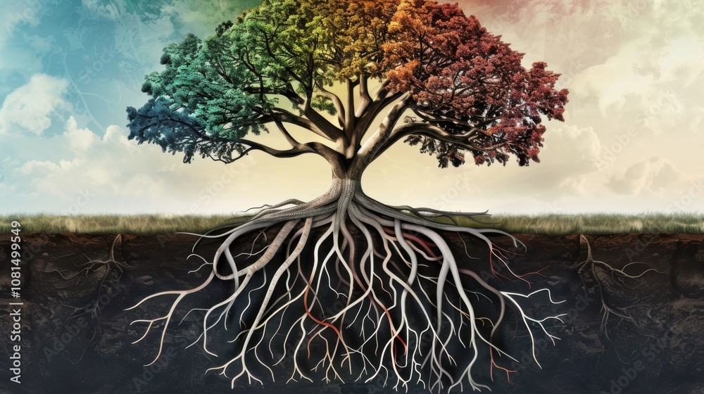 Poster A poignant visual of generational inclusion, showing a tree with roots and branches of different colors and patterns, Representing the interconnectedness of different age groups