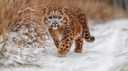 Fototapeta premium A young leopard confidently walks through a snowy path, blending into the winter landscape with grace and power.
