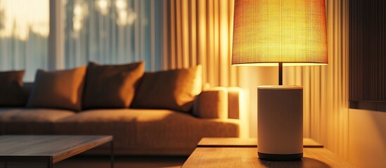 Dehumidifier in a corner of a modern living room, warm tones, subtle lighting 