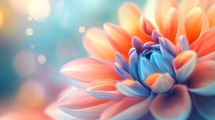 A flower with blue and orange petals. The flower is in the center of the image. The background is blue and the flower is surrounded by a blurry background