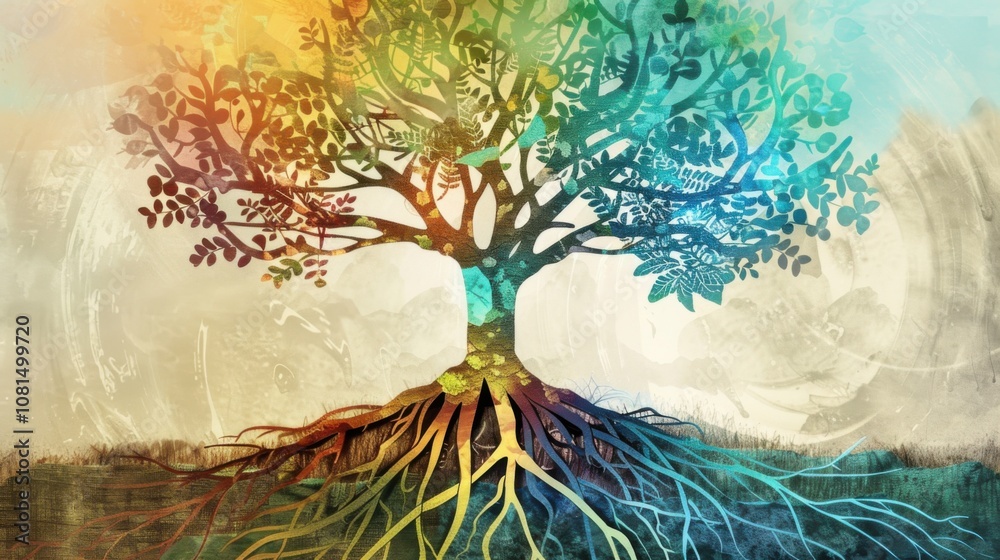 Poster A poignant visual of generational inclusion, showing a tree with roots and branches of different colors and patterns, Representing the interconnectedness of different age groups