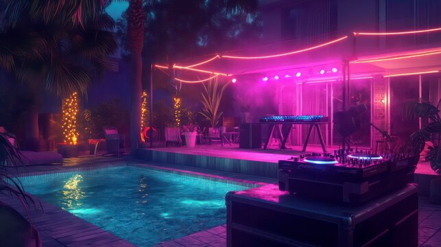 Neon lights illuminate a poolside party with a DJ setup, dance floor, and a bar.