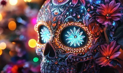 A colorful decorative skull with intricate patterns and glowing floral designs.