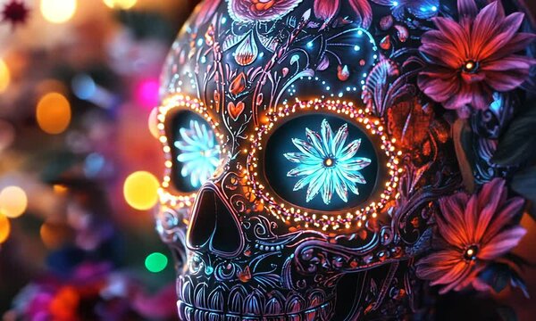 A colorful decorative skull with intricate patterns and glowing floral designs.