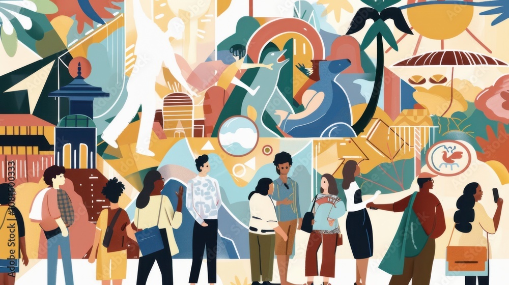 Poster a powerful image of a diverse group of people standing in front of a large, colorful mural depicting