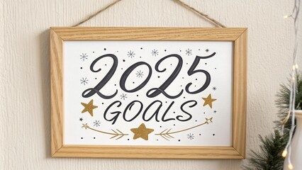 A decorative sign with the text 2025 goals hangs on a wall, adorned with stars and sparkles, ready to inspire and motivate