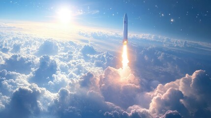 Fototapeta premium Playful rocket launch, cloud-piercing journey to galaxies far away