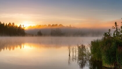 Fototapeta premium Misty Morning on a Tranquil Lake With Rolling Fog Hovering Over the Water and a Distant Forest Just Visible Through the Hazy Light of Dawn