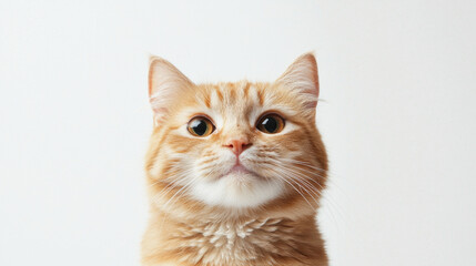 A cute cat on simple white background looks at camera background with copy space. pet fashion portrait minimalism adorable wallpaper 
