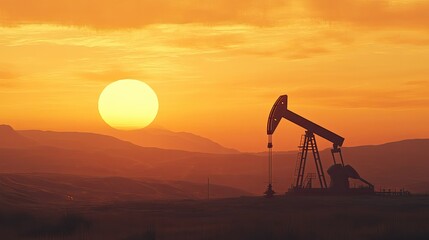 Naklejka premium Pumpjack silhouette with orange sunset, in a peaceful oilfield setting