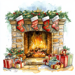 Fototapeta premium Cozy fireplace decorated for Christmas with stockings and gifts. warm glow of fire creates festive atmosphere, perfect for holiday celebrations