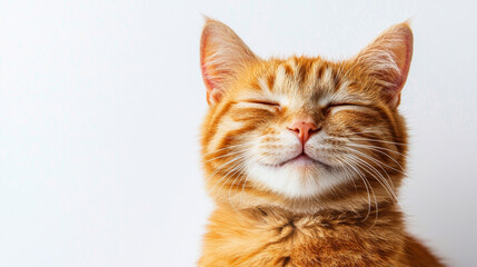 Obraz premium A cute cat on simple white background smile relax looks background with copy space. pet fashion portrait minimalism adorable wallpaper 