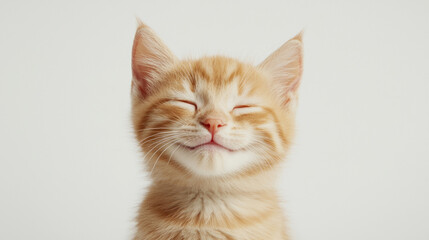 Obraz premium A cute cat on simple white background smile relax looks background with copy space. pet fashion portrait minimalism adorable wallpaper 