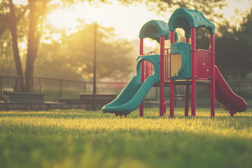 Aerial view of kid playground with slider, Landscape view of playground with grass field, Backyard garden with recreation activity.