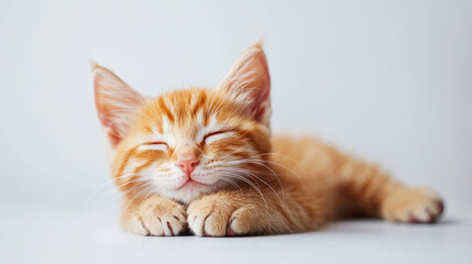 Obraz premium A cute cat on simple white background smile relax looks background with copy space. pet fashion portrait minimalism adorable wallpaper 