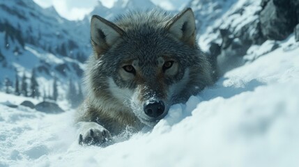 Obraz premium A Gray Wolf lies cautiously in the snow in a mountainous winter landscape, observing the surroundings with an intense gaze.