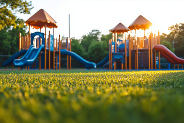 Aerial view of kid playground with slider, Landscape view of playground with grass field, Backyard garden with recreation activity.