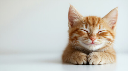 A cute cat on simple white background smile relax looks background with copy space. pet fashion portrait minimalism adorable wallpaper 