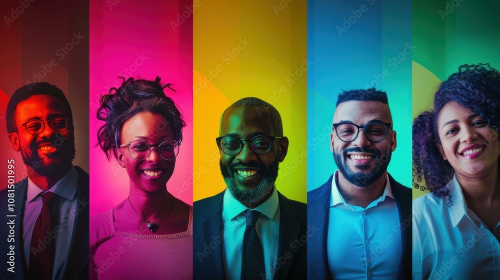 Poster a powerful image of diverse leadership, showing a panel of leaders from various backgrounds speaking