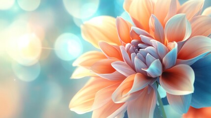 Fototapeta premium A flower with blue and orange petals. The flower is in the center of the image. The background is blue and the flower is surrounded by a blurry background